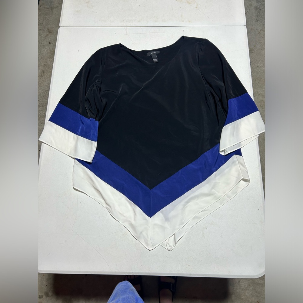Alfani Blouse Top Black Blue White Stripes 3/4 Sleeves Women’s SZ M